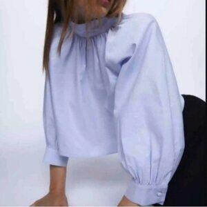 Zara blue puff sleeve mock deck bow tie blouse